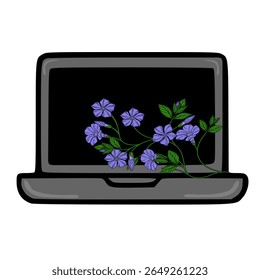 A vector illustration of a modern laptop with a delicate sprig of periwinkle flowers playfully peeking from beneath the screen, creating a serene and stylish image.