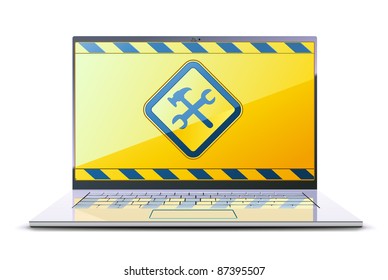Vector illustration of modern laptop with Under Construction Sign on the display