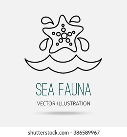 Vector illustration. Modern linear design. Starfish surrounded by splashing. Black contour on a light gray background with text.