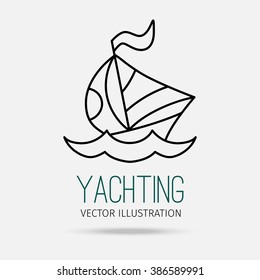 Vector illustration. Modern linear design. The boat on the waves. Black contour on a light gray background with text.