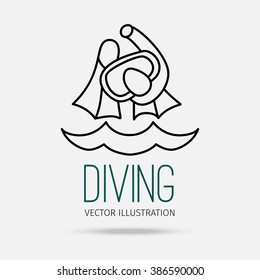 Vector illustration. Modern linear design. Accessories for diving. Black contour on a light gray background with text.
