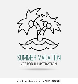 Vector illustration. Modern linear design. Two palm trees on the island. Black contour on a light gray background with text.