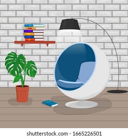 Vector illustration of modern living room interior with egg chair, books, home plant on white brick wall backdrop. Cozy home library, minimal room design, relax reading zone with comfortable armchair.