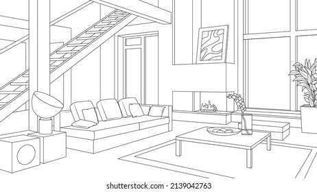 Vector illustration, modern living room interior, coloring book