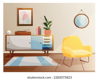 Vector illustration. Modern living room. Vintage interior. Cartoon style. Hhigh detail illustration, a storybook illustration.