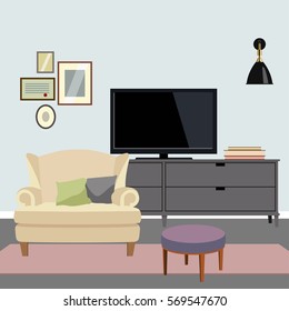 Vector illustration of modern living room. Cozy interior with TV, chair, sideboard and other furniture. Vector illustration in flat minimalistic design, website banner.