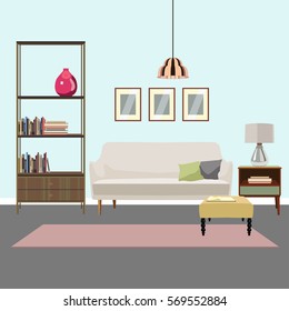 Vector illustration of modern living room. Creative cozy interior with sofa, book shelf, coffee table and other furniture. Vector illustration in flat minimalistic design, website banner.