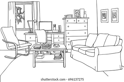 Vector illustration of modern living room with furniture: table, sofa, armchair, desk with computer, window, pots, carpet. Black and white contour drawing.