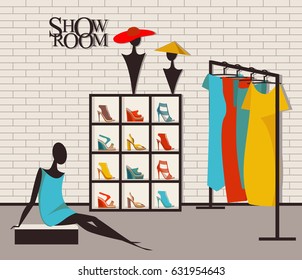 Vector Illustration Modern Loft Interior Showroom Fashion. Mannequin, Furniture, Hangers For Women Dresses In The Flat Style. Closet With Clothes, Shoes And Hats