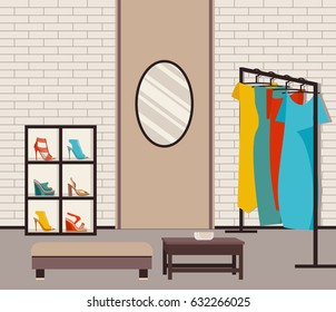 Vector Illustration Modern Loft Interior Showroom Fashion. Furniture, Hangers For Womens Dresses And The Mirror In The Flat Style. Closet With Clothes And Shoes