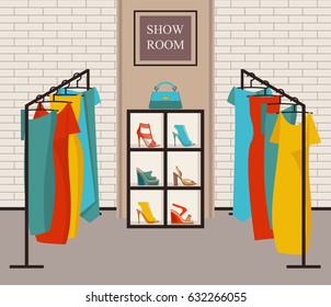 Vector Illustration Modern Loft Interior Showroom Fashion. Furniture, Hangers For Womens Dresses In Flat Style. Closet With Clothes And Shoes