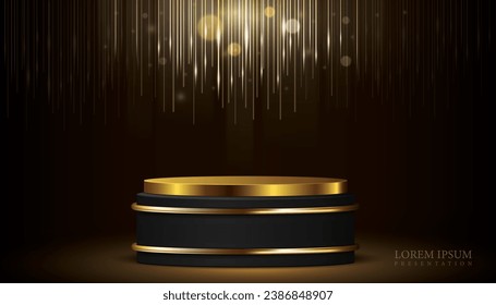 ilustración vectorial fondo de podio de presentación de lujo moderno, líneas de luz doradas brillantes con banner de premio real de plataforma cilíndrica dorada y negra, fondo de producto de visualización cosmética.