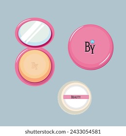 vector illustration of modern makeup set with applicator and mirror, compact powder
