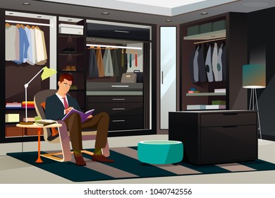 A vector illustration of Modern Man Reading a Book at Home
