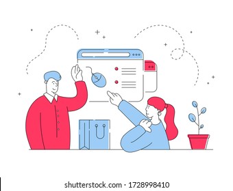 Vector illustration of modern man and woman browsing online store website and selecting computer mouse while buying peripherals during shopping. Flat style illustration, thin line art design