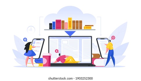 Vector illustration of modern men and woman using digital devices to read various books from convenient online library during studies