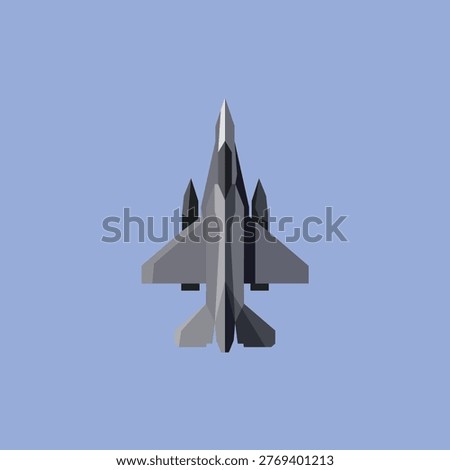 Vector illustration of a modern military fighter jet in low poly geometric style flying isolated on blue background