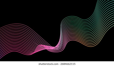 Ilustración vectorial en estilo minimalista moderno, mostrando coloridas líneas onduladas de neón sobre un fondo negro. Tema Abstractas con colores degradados suaves como Formas curvas fluidas de color rosa, verde y azul.