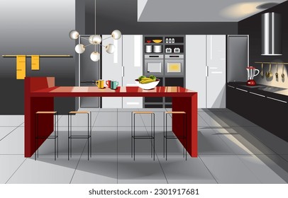vector illustration of the modern minimalist grey and red kitchen interior. Kitchen design. fruits and cups on the bar table.