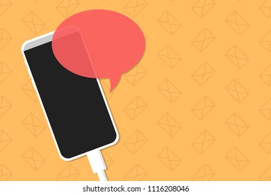 Vector illustration of modern mobile phone with empty speech bubble on bright yellow background. Template for incoming message, chatting with copy space.