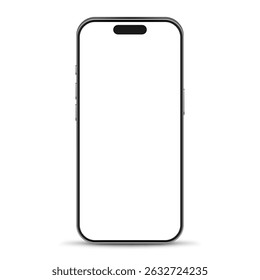 Vector illustration of modern mobile phone with blank empty white screen. Realistic mockup or template, isolated on white background