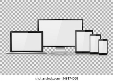 Vector illustration modern monitor, laptop, tablet and mobile phone with empty white screen. Various modern electronic gadget on isolate background, EPS10