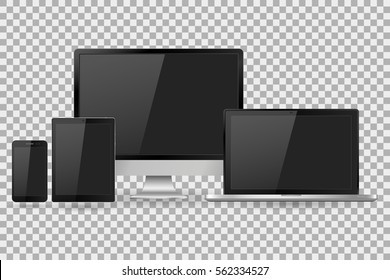 Vector illustration modern monitor, laptop, tablet and mobile phone with empty white screen. Various modern electronic gadget on isolate background, EPS10