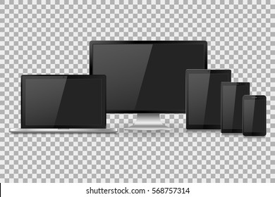 Vector illustration modern monitor, laptop, tablet and mobile phone with empty white screen. Various modern electronic gadget on isolate background, EPS10