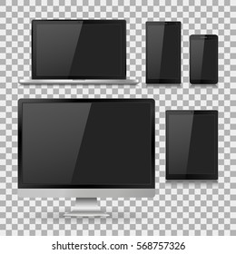 Vector illustration modern monitor, laptop, tablet and mobile phone with empty white screen. Various modern electronic gadget on isolate background, EPS10