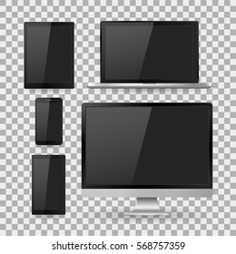 Vector illustration modern monitor, laptop, tablet and mobile phone with empty white screen. Various modern electronic gadget on isolate background, EPS10