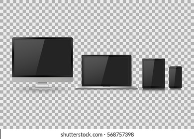 Vector illustration modern monitor, laptop, tablet and mobile phone with empty white screen. Various modern electronic gadget on isolate background, EPS10