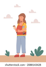 Vector Illustration, Modern Mother With Baby In Carrier With Coffee In Hand. Modern Maternity Concept, Mom Walking With Baby Outside