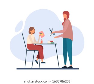 Vector illustration of modern mother with scissors standing near table and helping daughter to create picture while performing family education at home. Home schooling, home education concept