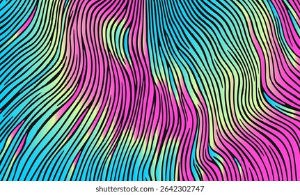 Vector illustration in modern neon gradient line art style: vibrant flowing lines in pink, blue, and green shades on black, forming abstract wavy shapes. Popular trend with futuristic, dynamic look.