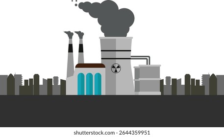 ilustração vetorial de uma usina nuclear moderna, mostrando suas torres de resfriamento, edifícios de reatores e recursos de segurança.