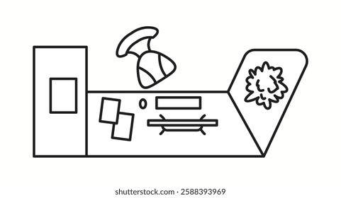 Vector illustration of a modern office desk with documents, a chair, and a decorative plant, seen from the top. Ideal for business and productivity design.