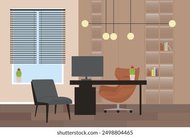 Vector illustration of a modern office room. Cartoon scene of a beautiful room with a table, a computer, cacti, an armchair, a chair, a cabinet with books on the shelves, a window with blinds, lamps.