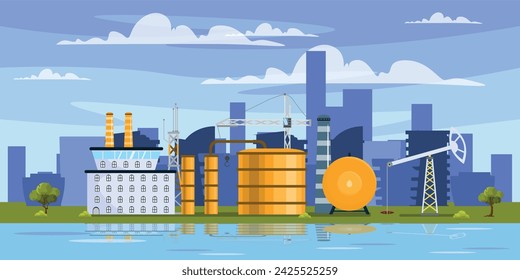 Ilustración vectorial de la industria moderna de refinación de petróleo. Escenas de caricaturas de refinerías de petróleo con grúa de elevación, tuberías, siluetas de edificios de la ciudad, árboles, arbustos, río con reflejo de las fábricas, cielo.