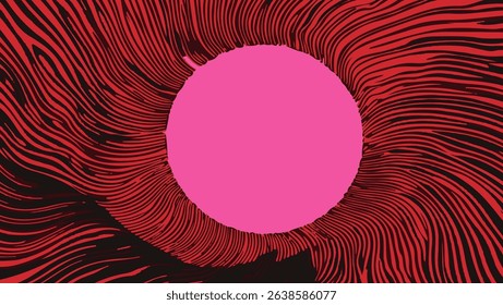 Vector illustration in modern op art style with a pink circle, radiating red wavy lines on a dark background. Uses bold geometric shapes, trending in digital and graphic design.