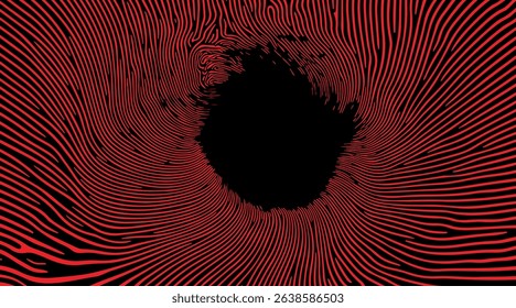 Vector illustration in modern op art style with a black hole, radiating red wavy lines on a dark background. Uses bold geometric shapes, trending in digital and graphic design.