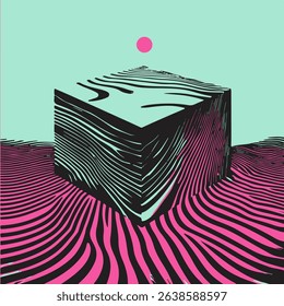 Vector illustration in modern op art style featuring a black cube with wavy lines, pink and mint colors, and a pink circle on top. Uses geometric shapes and trending vibrant palette.