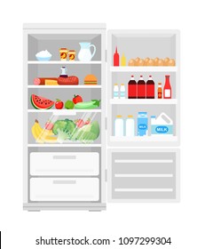 Vektorgrafik des modernen, geöffneten Kühlschranks mit reichhaltigem Essen. Viele Produkte im Kühlschrank, Obst und Gemüse, Milch und Eier, gesundes Essen im flachen Stil.