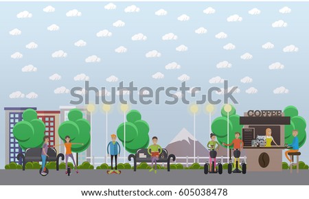 Vector illustration of modern park with people taking rest, drinking coffee and riding monocycle, ggyroscooter. Modern park concept design element in flat style.
