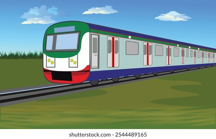 Vector illustration of modern passenger train on railway track with scenic landscape background. Transportation graphic design