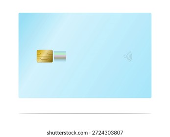 Vektorgrafik einer modernen Zahlungskarte mit goldenem EMV-Chip, holografischem Sicherheitselement und kontaktlosem Zahlungssymbol (NFC atau RFID). Die Karte hat einen sauberen hellblauen Farbverlauf-Hintergrund, der sichere und bequeme finanzielle Transaktionen darstellt. Ideal für Designs im Zusammenhang mit Bankwesen, Fintech, Technologie, E-Commerce und digitalen Zahlungen.