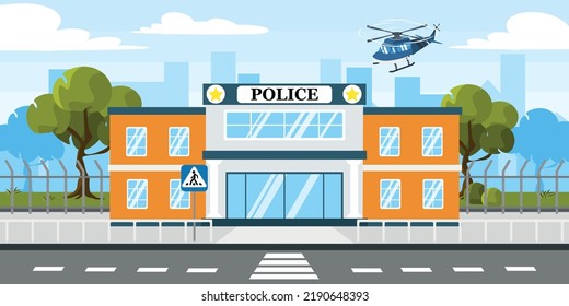 Vector illustration of modern police station. Cartoon urban buildings with landing helicopters, fences, trees and a city in the background.