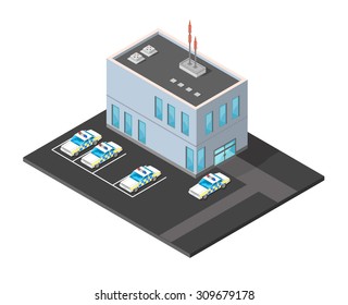 A vector illustration of a modern Police Station.
Isometric Police Station illustration Icon.
Emergency Services building with police cars.