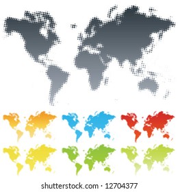 Vector illustration of a modern popular halftone design made from the map of the world. Different color versions.
