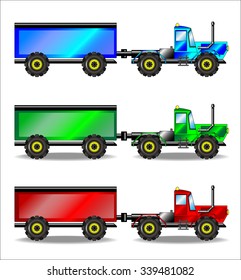 The vector illustration of the modern powerful tractor pulling the trailer
