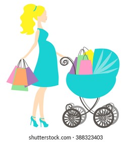 vector illustration of modern pregnant mommy with pink vintage  baby carriage, the woman does the shopping online store, logo,silhouette, stylized symbol of mother's, sale icon on white background